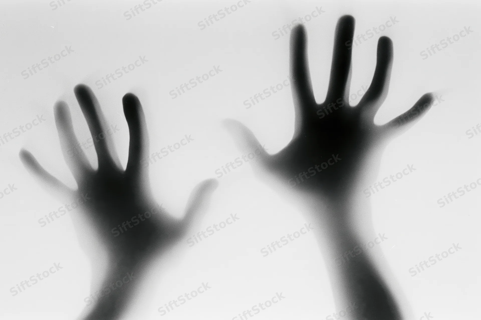 Two hands pressing against a fogged glass surface