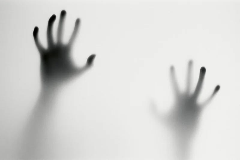 Blurred hands pressing against frosted glass surface