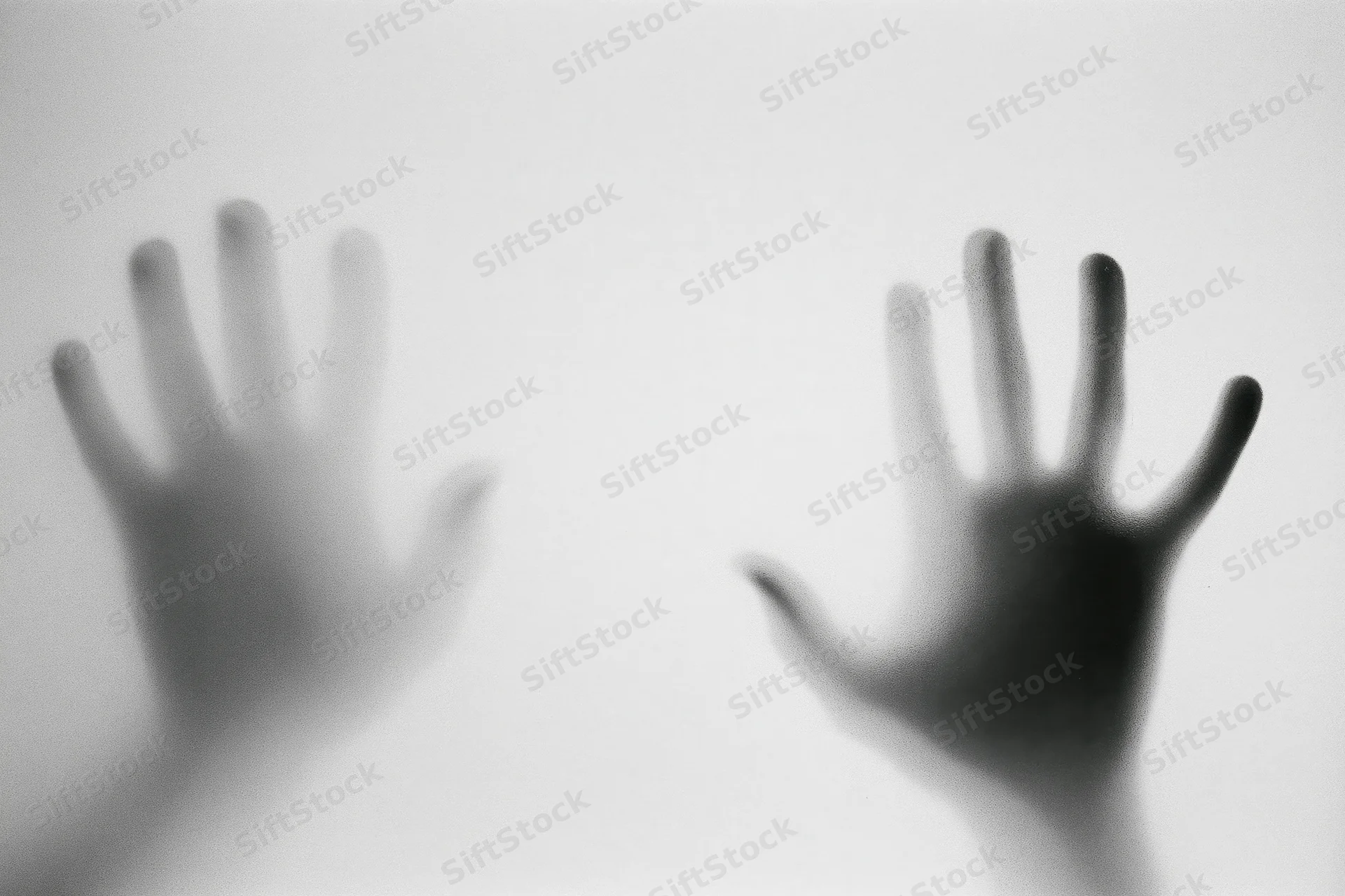 Two hands pressing against frosted glass in a blurred monochrome view