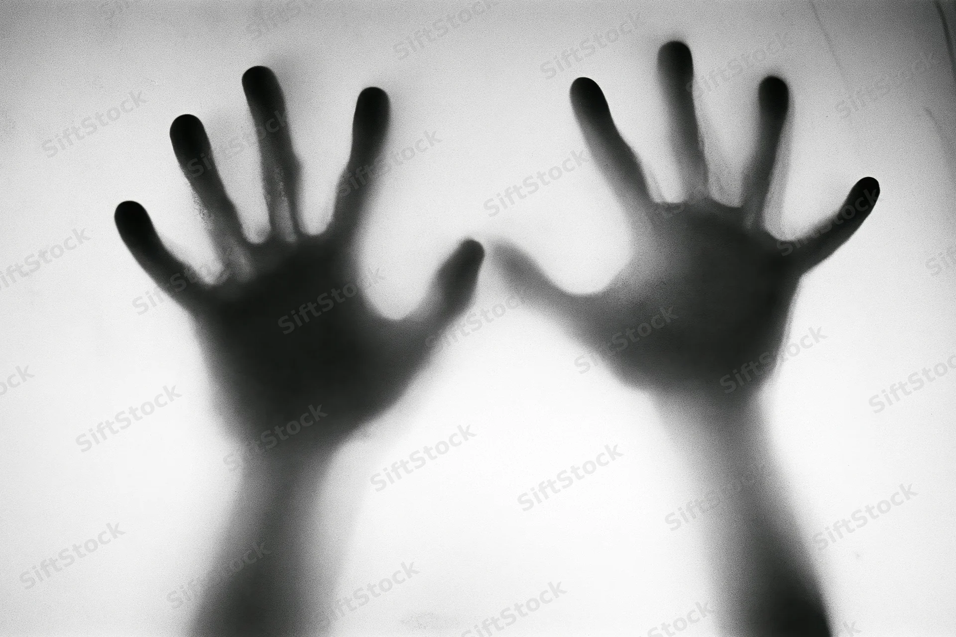 Two hands pressed flat against frosted glass with blurred silhouette effect