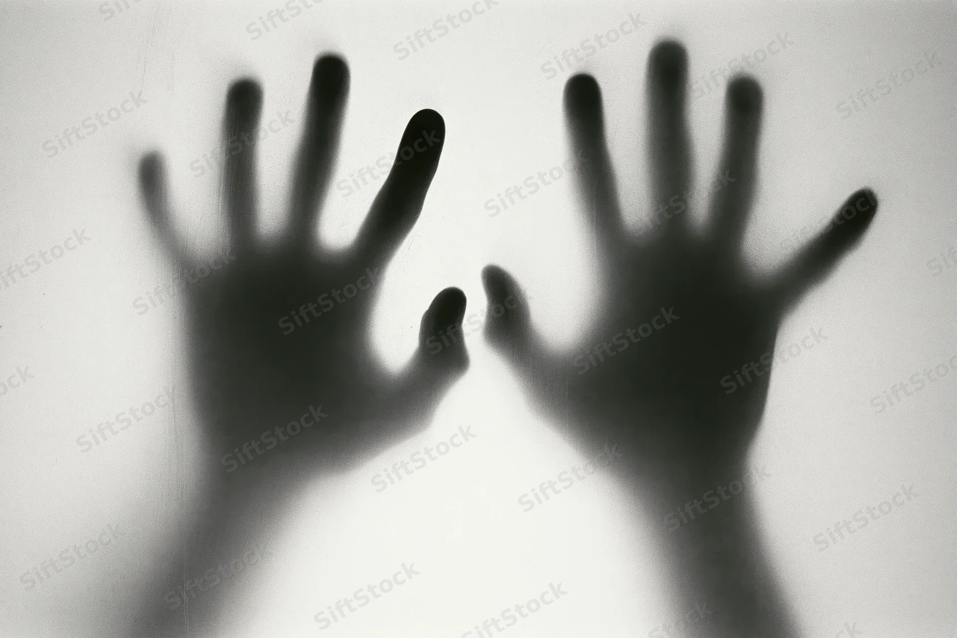 Two hands pressed against frosted glass in silhouette