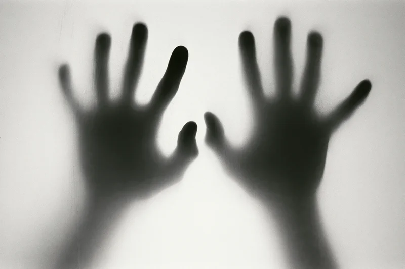 Two hands pressed against frosted glass in silhouette