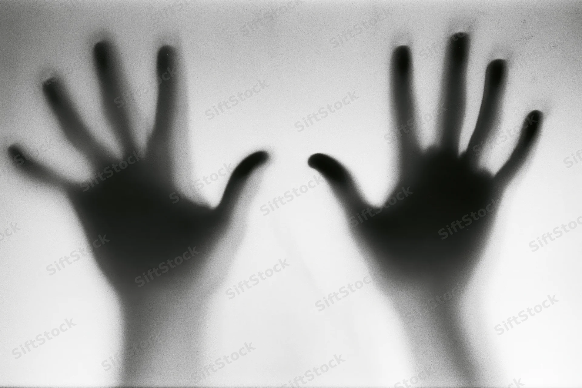 Two hands pressed flat against frosted glass in silhouette