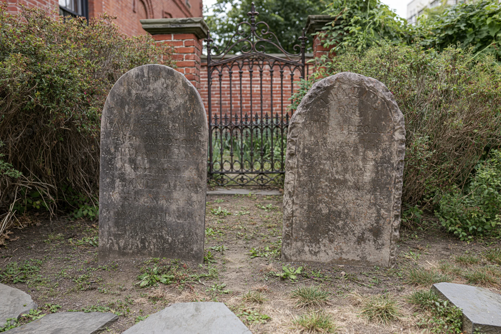 Two weathered gravestones with carved inscriptions stand in a neglected cemetery garden beside a brick wall and iron gate
