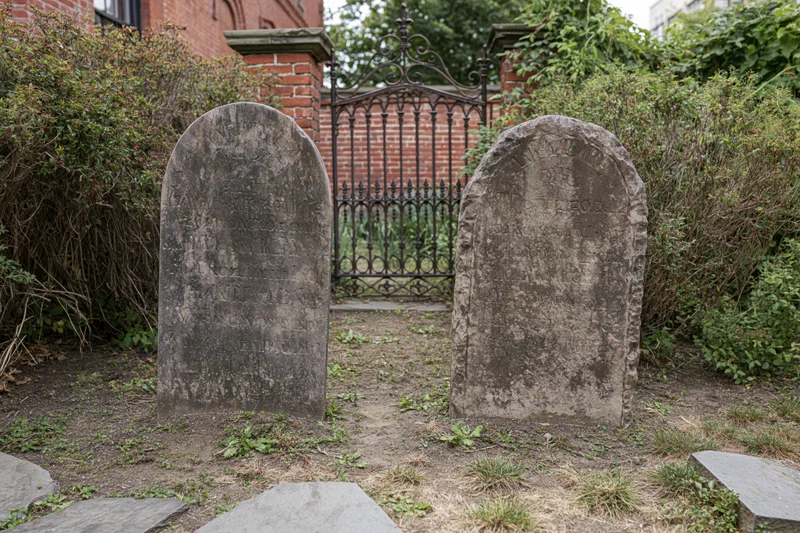 Two weathered gravestones with carved inscriptions stand in a neglected cemetery garden beside a brick wall and iron gate