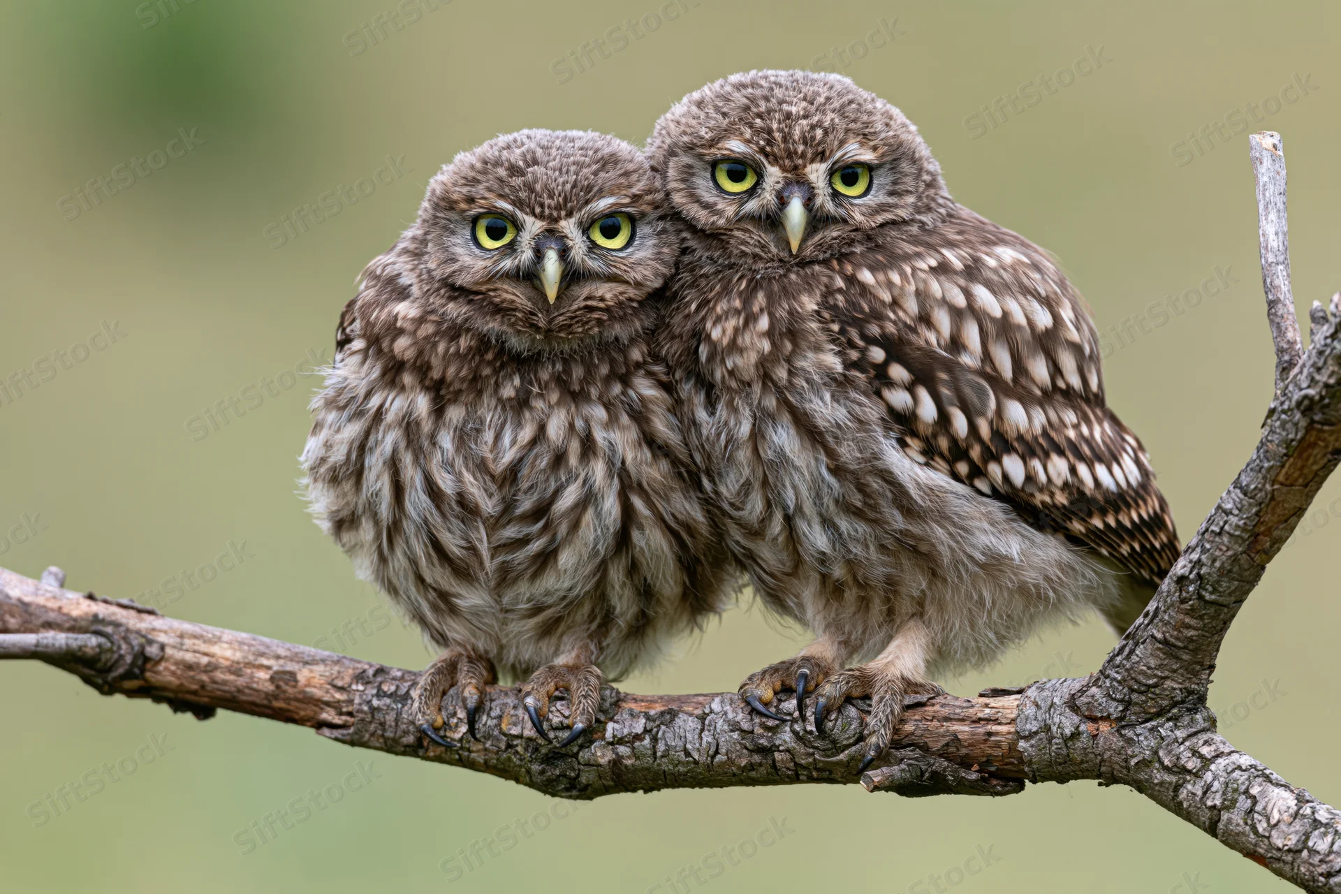 Two juvenile little owls perched side by side on a bare branch