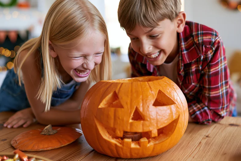 Two children laughing while leaning over a carved jack-o'-lantern on a wooden table