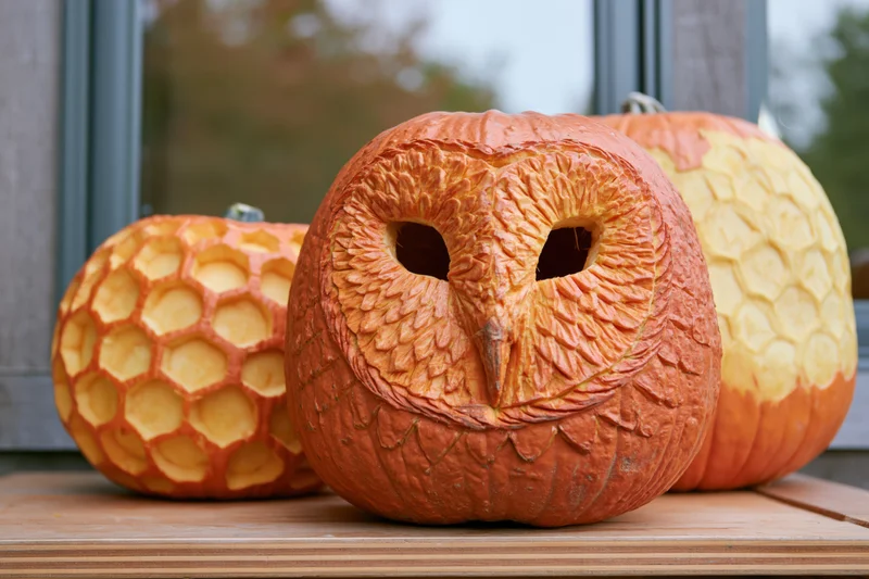 Intricately carved pumpkins shaped as an owl and honeycomb pattern displayed on a wooden table near a window