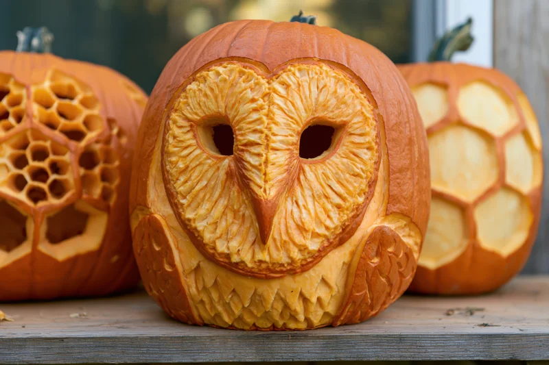 Intricately carved pumpkin with owl face displayed on wooden table alongside other carved pumpkins