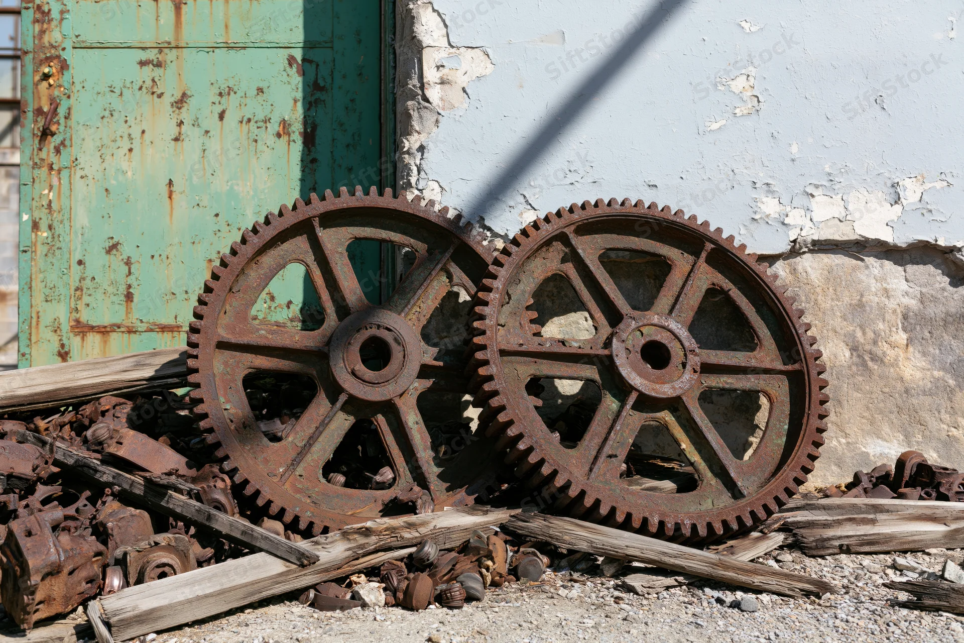 Two large rusted industrial gear wheels leaning against a weathered blue door and peeling wall amidst scrap metal and wood debris