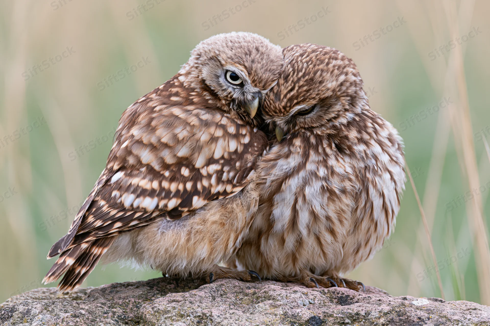 Two owls nuzzling closely on a rough rock in a grassy field