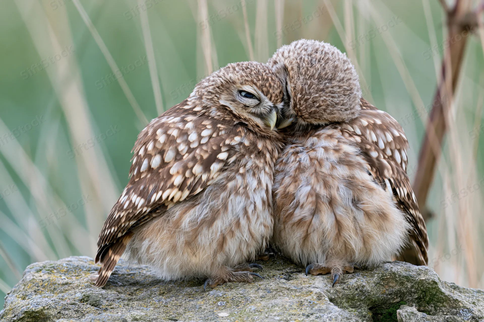 Two young owls nuzzling each other while perched on a rough sandstone rock outdoors