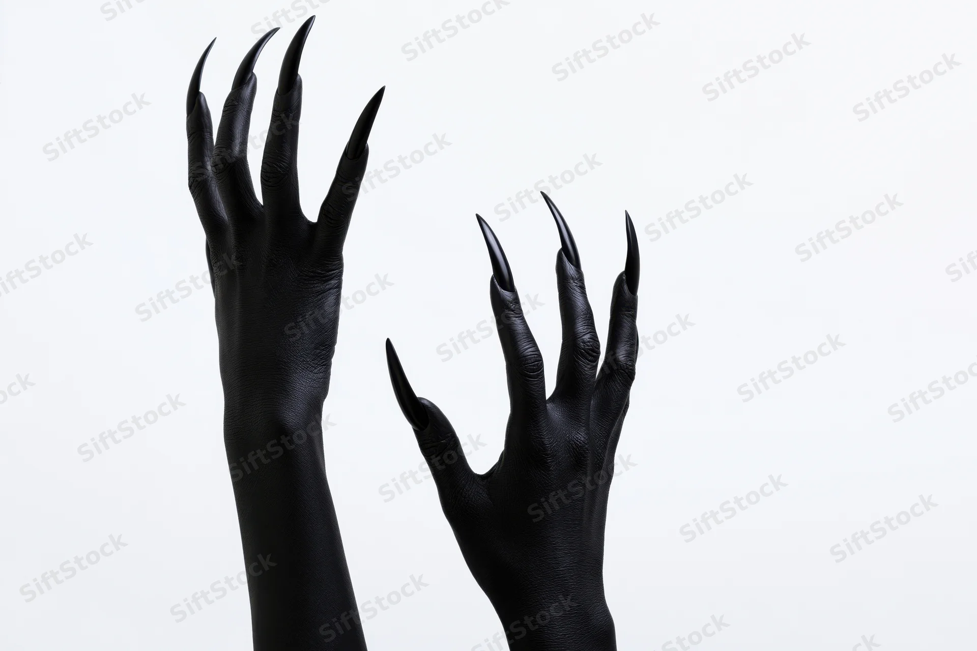 Two matte black painted human hands with long sharp claws raised against white background