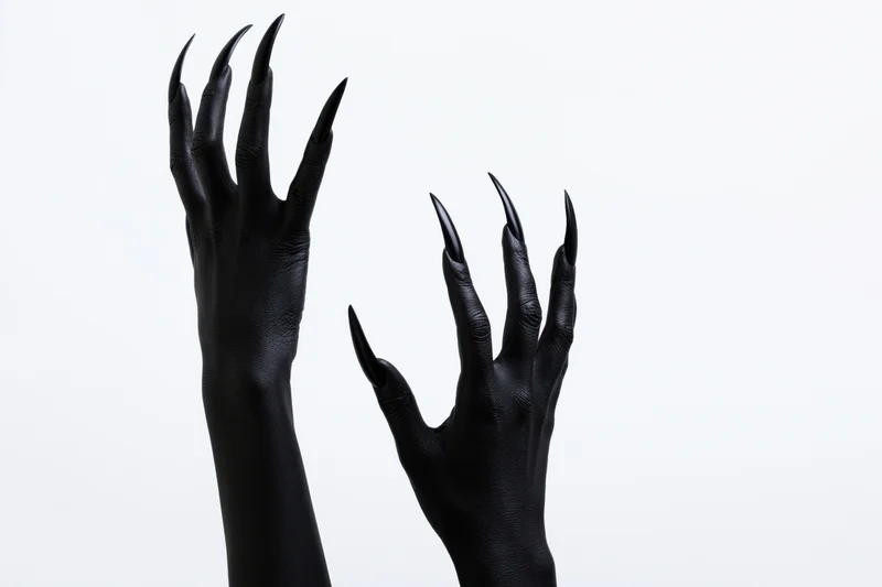 Two matte black painted human hands with long sharp claws raised against white background