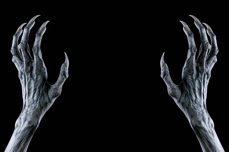 Two pale gaunt creature hands with long sharp claws reaching against black background