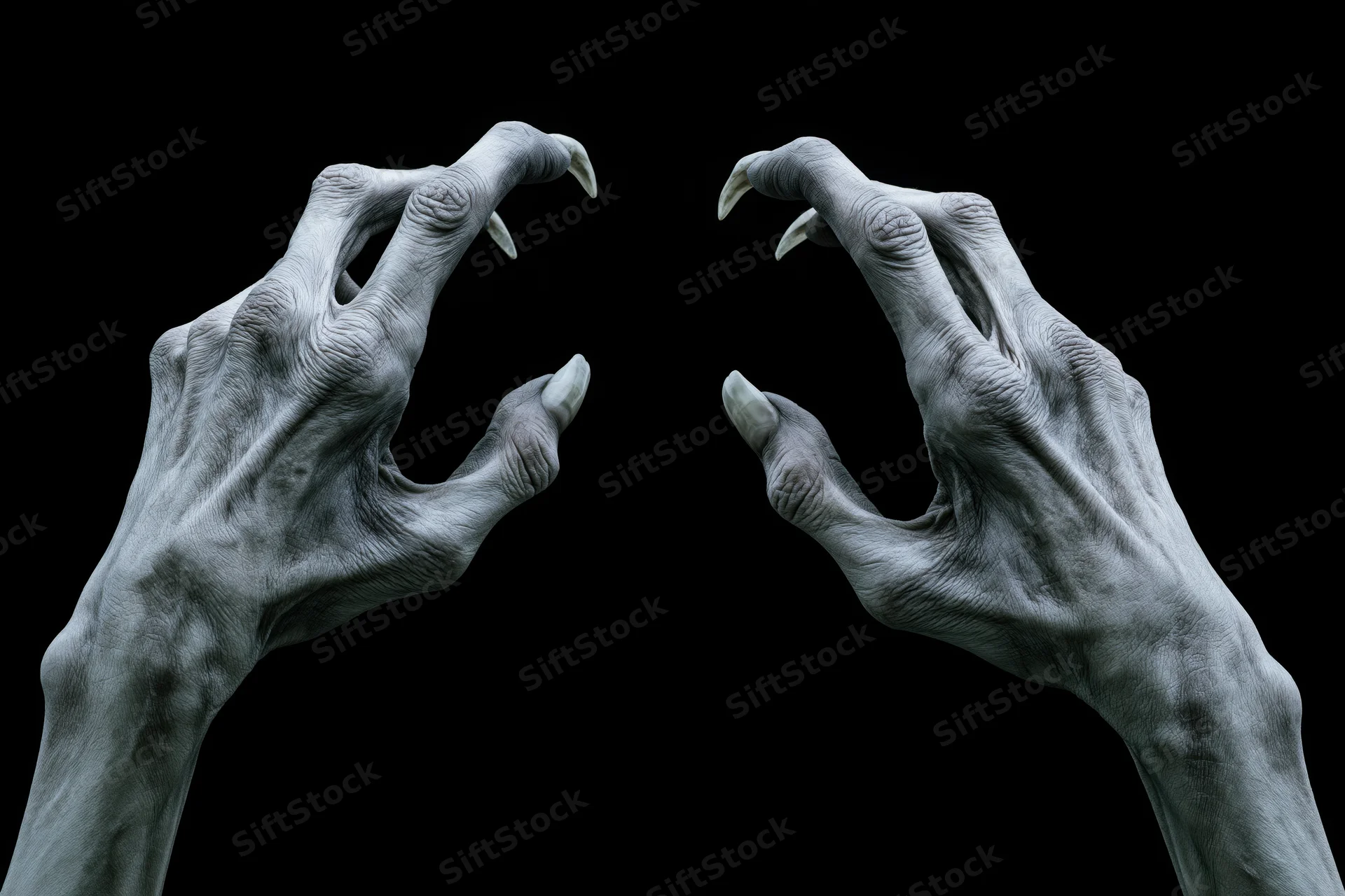 Pale gaunt creature hands with long sharp claws reaching against black background