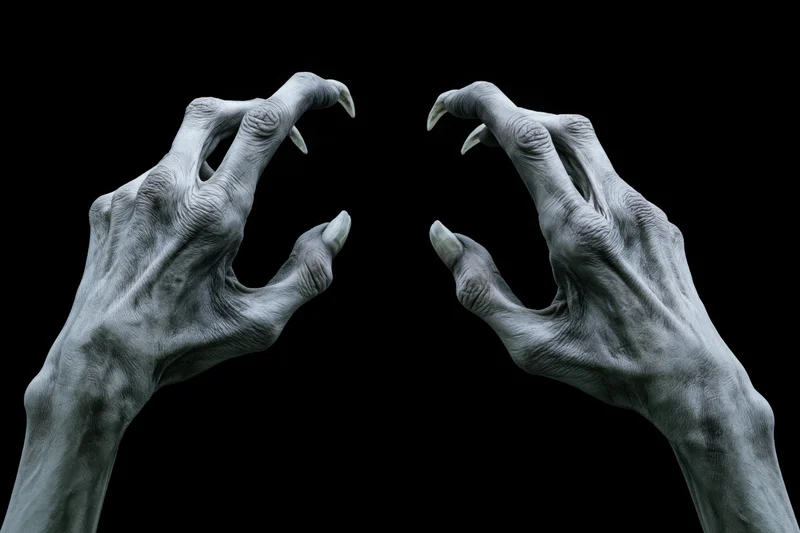 Pale gaunt creature hands with long sharp claws reaching against black background