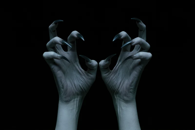 Pale hands with sharp claws extended against black background