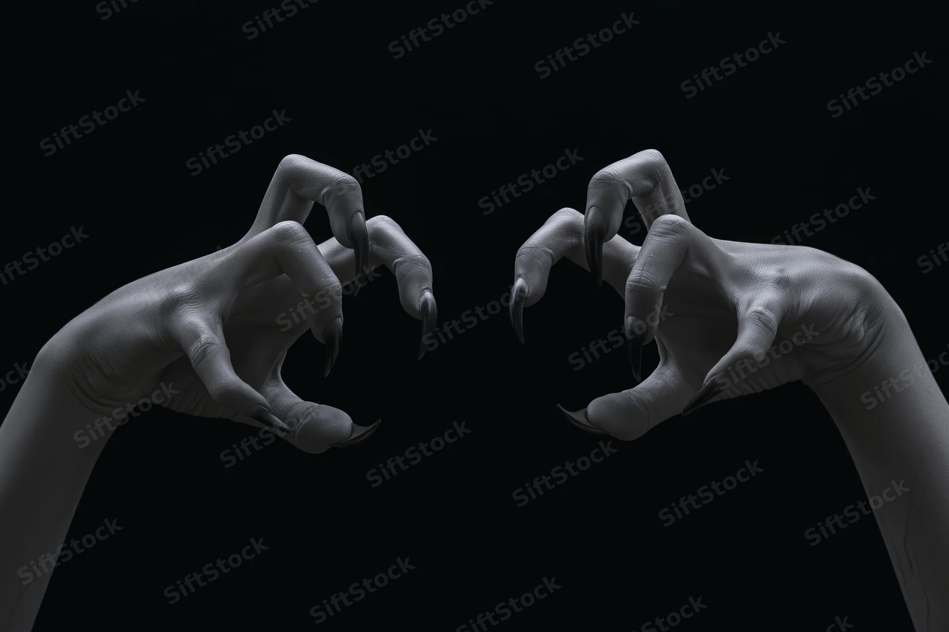 Pale hands with sharp claws extended against black background