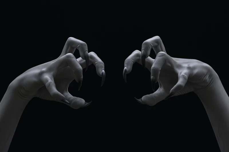 Pale hands with sharp claws extended against black background