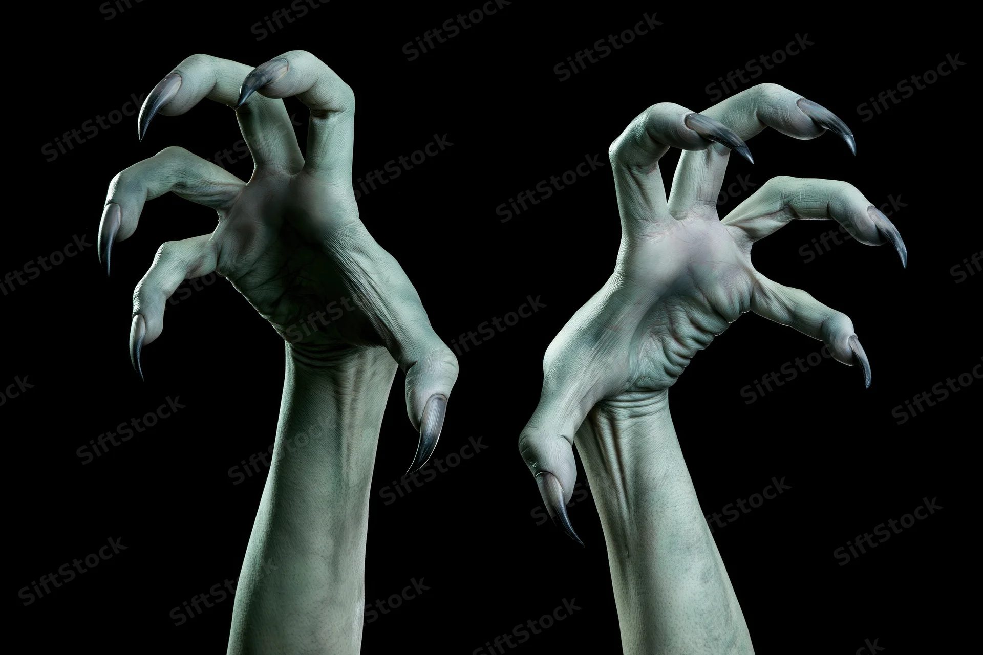 Two pale green monster hands with sharp claws reaching upward against black background