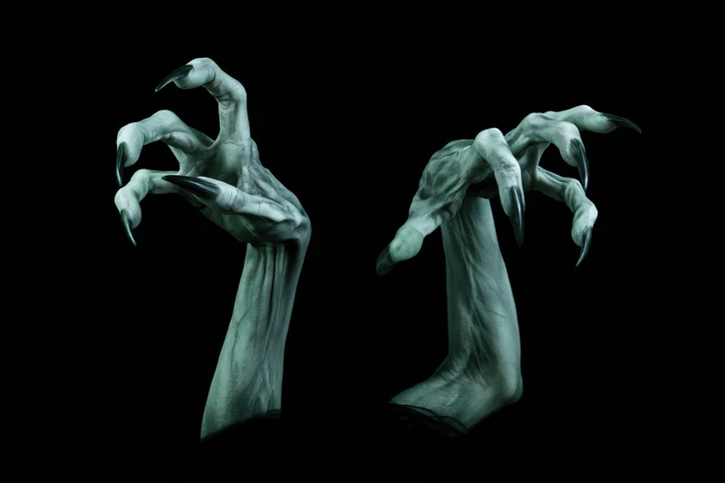 Two pale green monster hands with long sharp claws reaching against black background