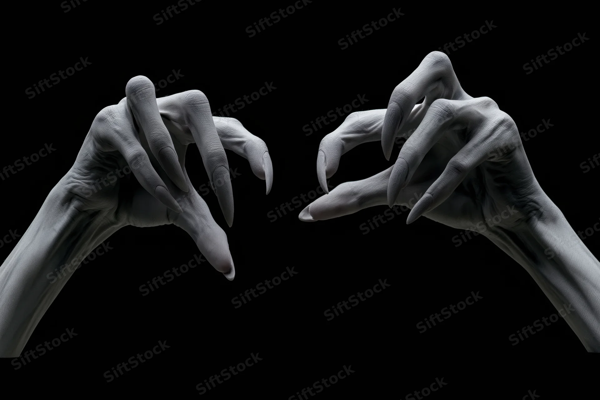 Pale grey clawed hands reaching forward from darkness against black background