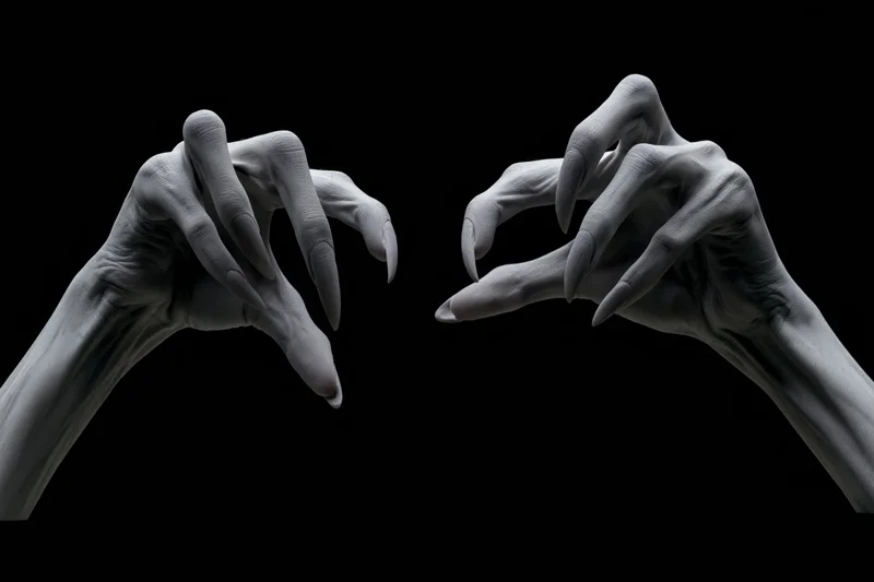 Pale grey clawed hands reaching forward from darkness against black background