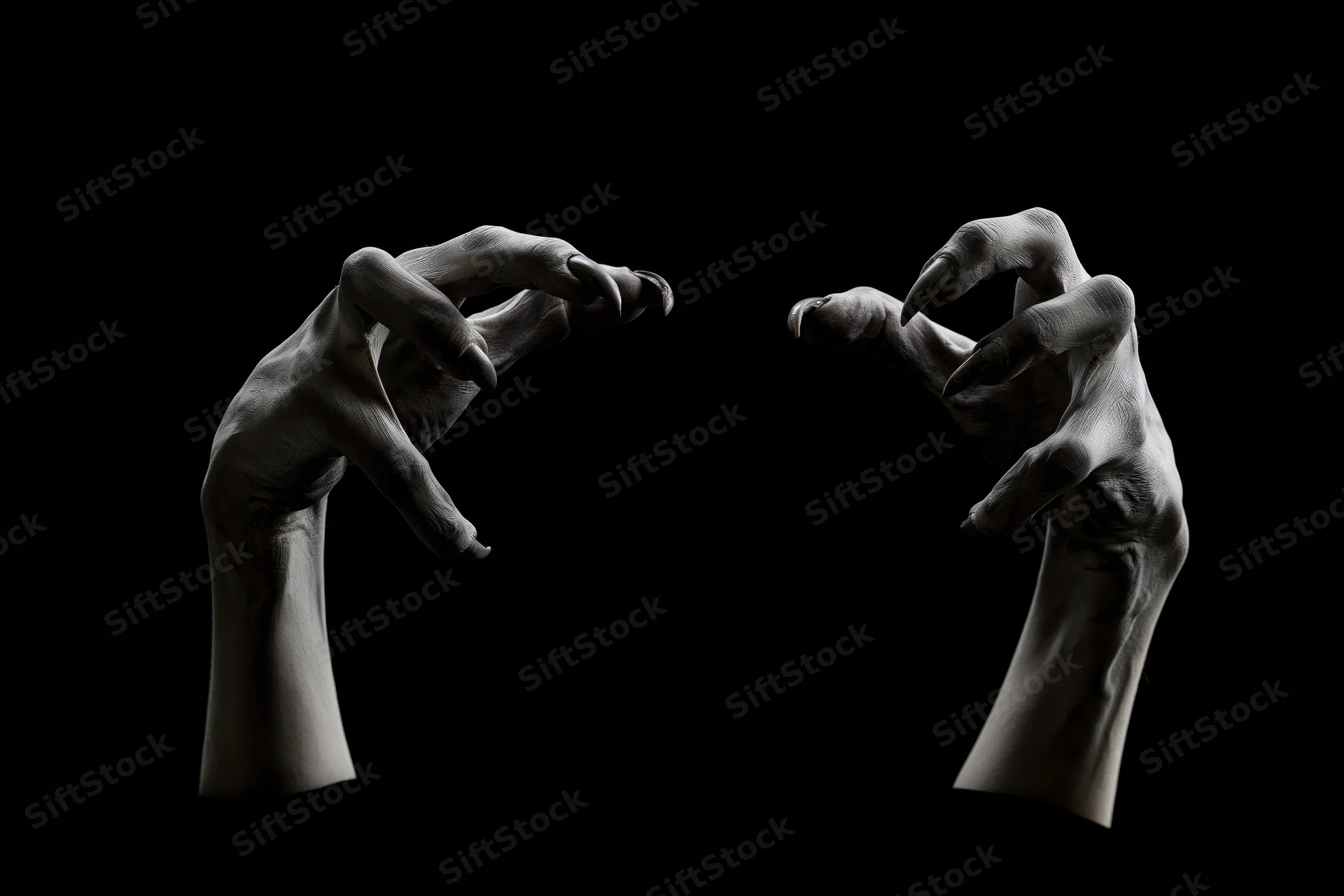 Two pale clawed hands reaching forward from darkness against black background