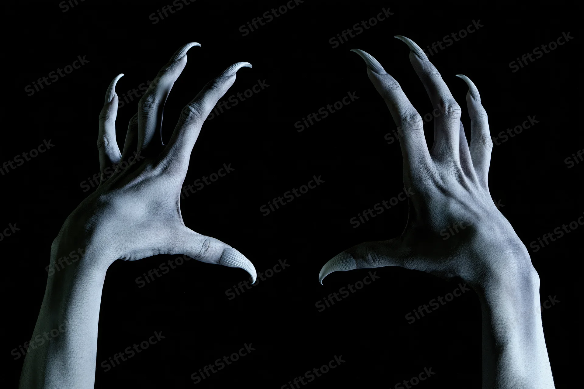 Pale grey hands with long curved nails reaching against black background