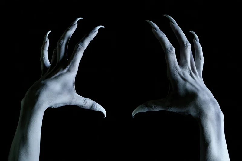 Pale grey hands with long curved nails reaching against black background