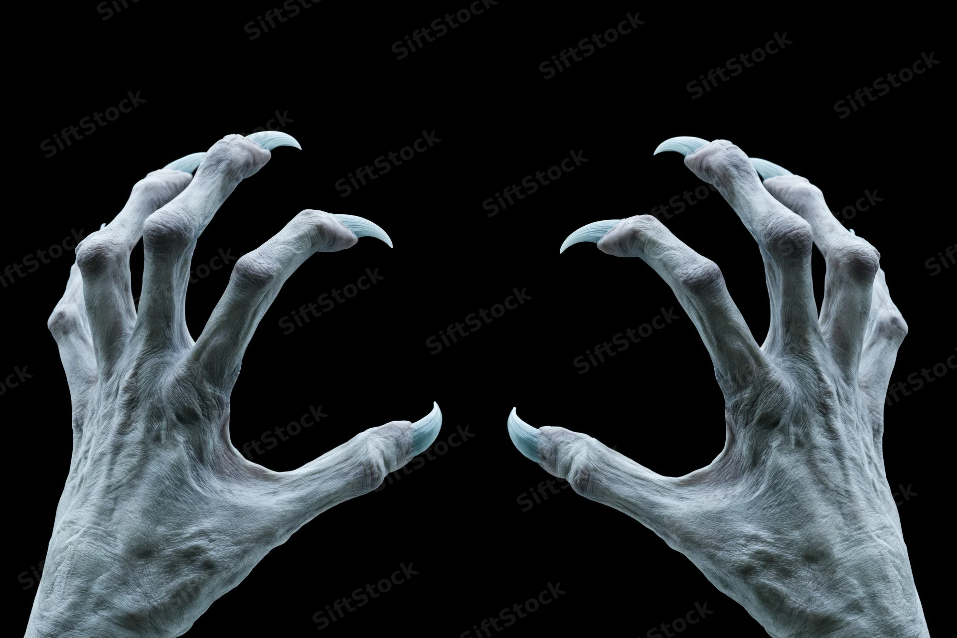 Two pale grey monster hands with long sharp claws reaching up against black background