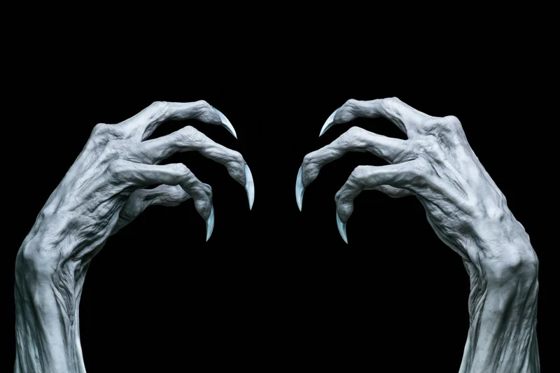 Two pale grey monster hands with long sharp claws reaching up against black background