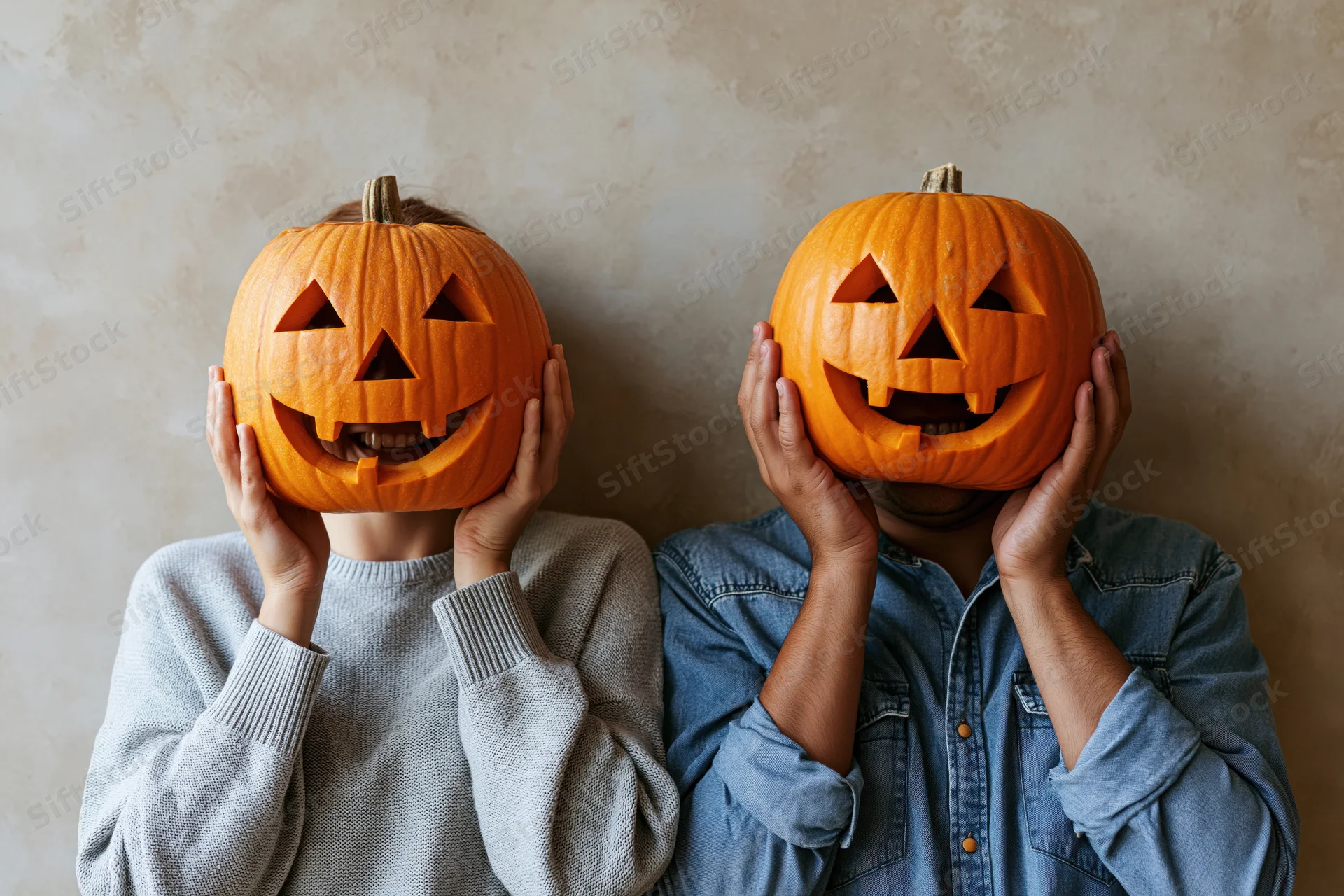 Two people holding carved jack-o-lanterns over their faces indoors
