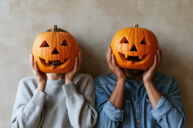 Two people holding carved jack-o-lanterns over their faces indoors