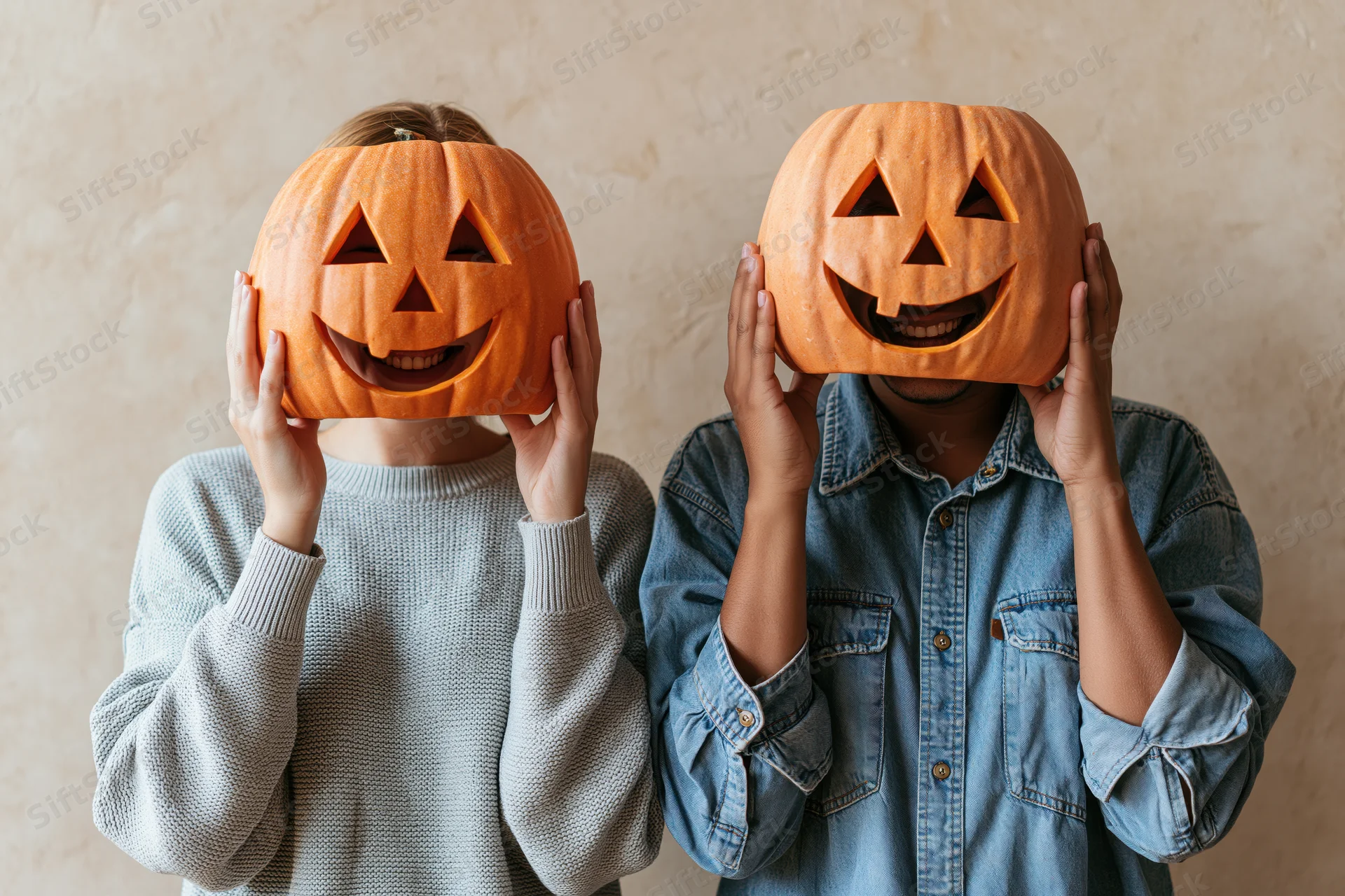 Two people holding carved pumpkins over their faces indoors