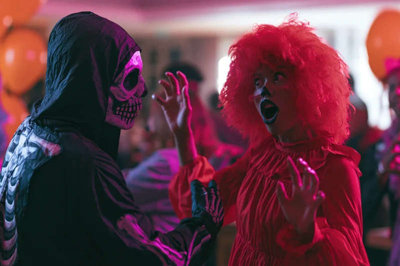 Woman in red clown costume reacting in surprise to man in skeleton costume at indoor halloween party