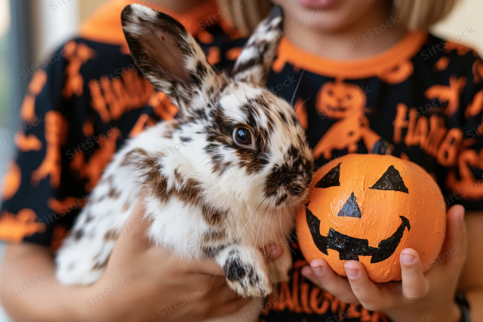 Child holding a spotted rabbit and a painted pumpkin in halloween costume