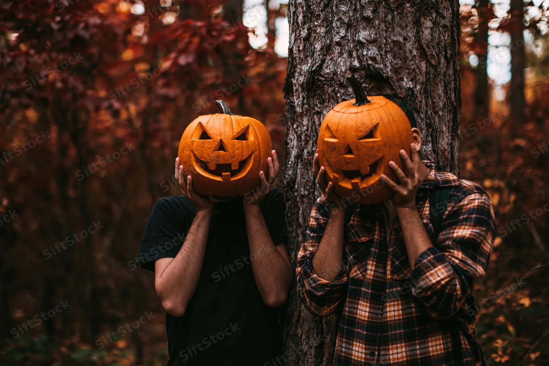 Two men holding carved pumpkins over their faces beside a tree in an autumn forest