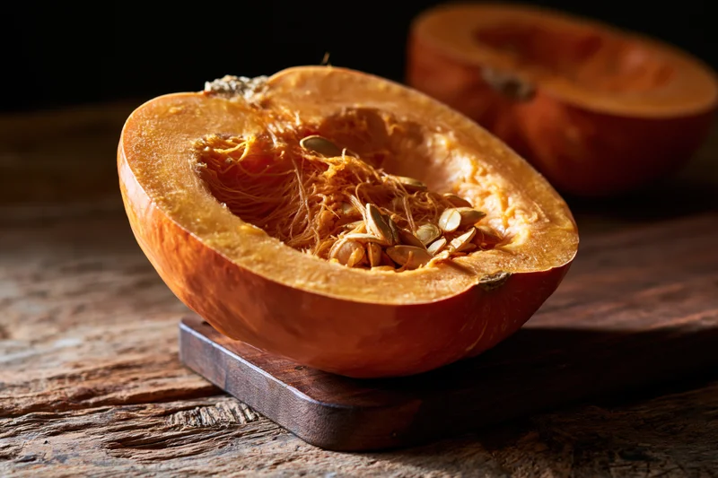 Halved raw pumpkin with seeds and fibrous flesh on a wooden cutting board
