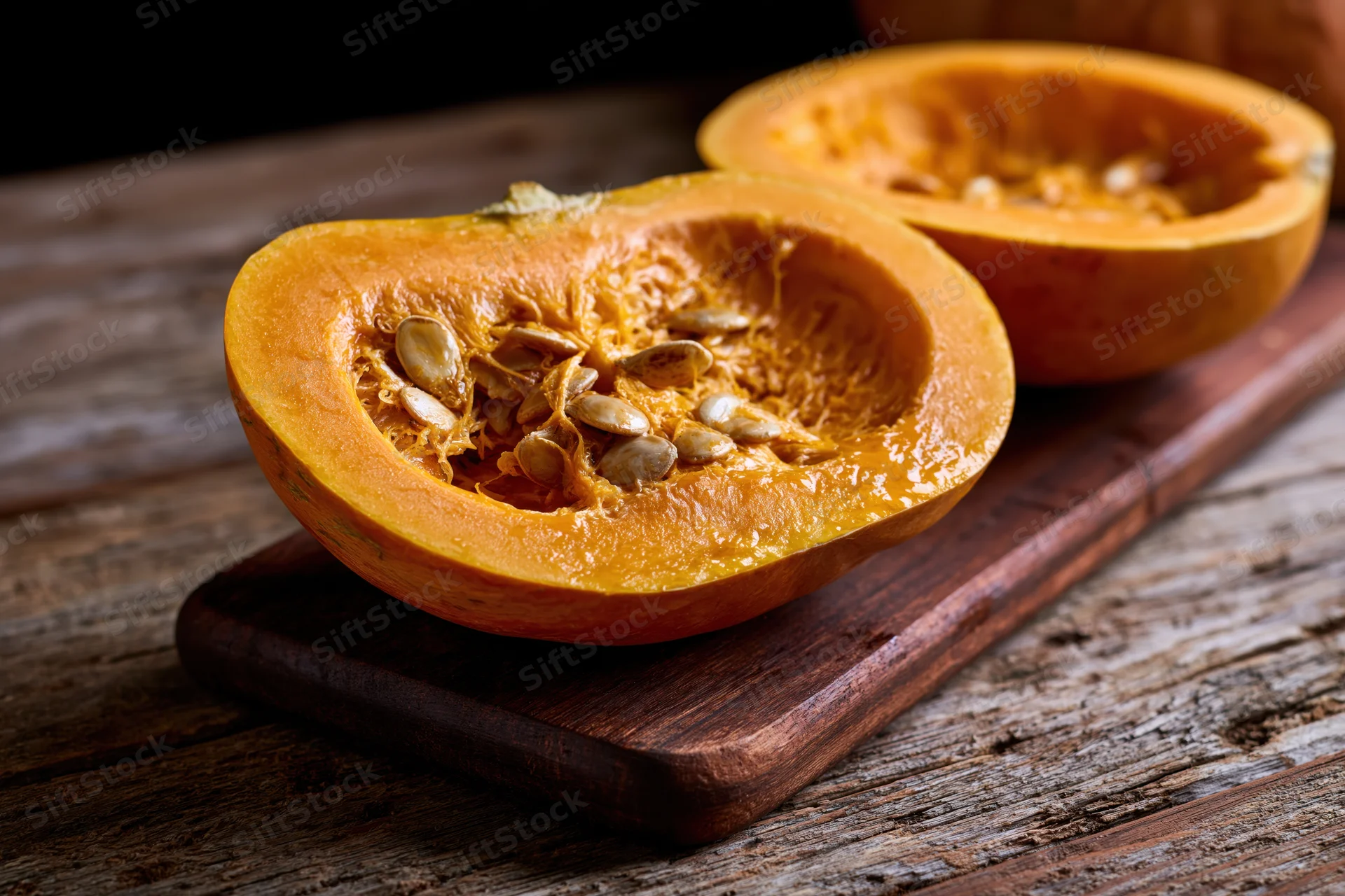 Halved raw pumpkin with seeds and fibrous flesh on a wooden cutting board