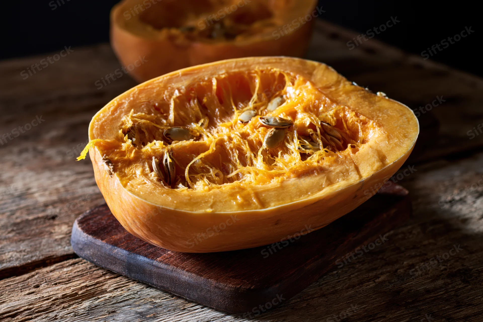 Halved raw pumpkin with fibrous orange flesh and seeds on a wooden cutting board
