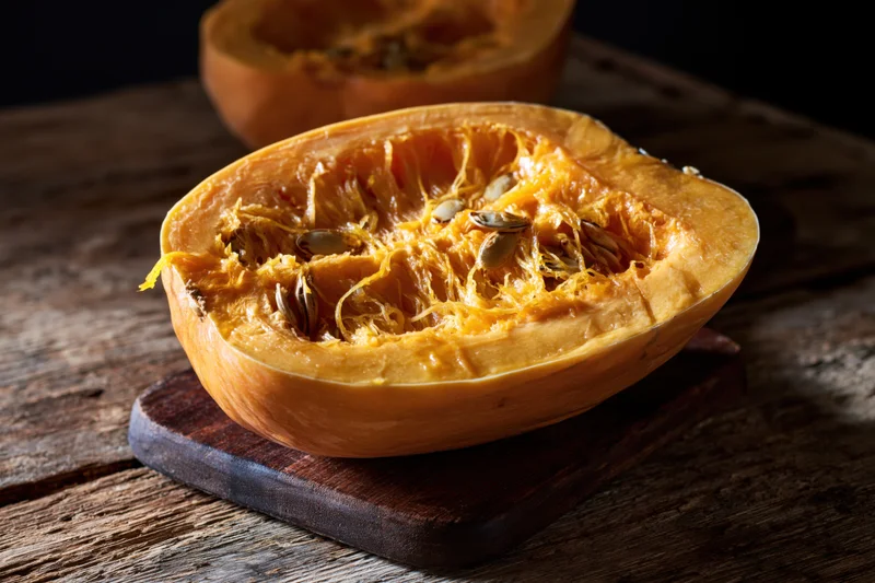 Halved raw pumpkin with fibrous orange flesh and seeds on a wooden cutting board