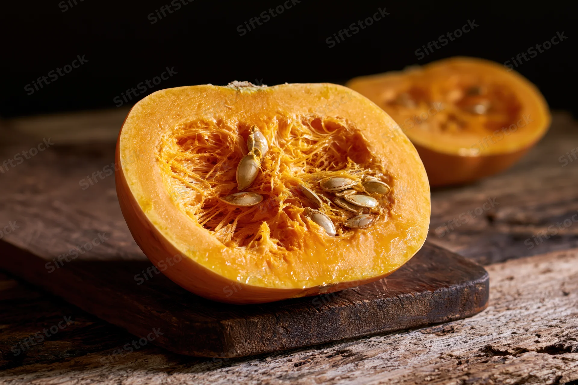 Halved raw pumpkin with fibrous orange flesh and seeds on a wooden cutting board
