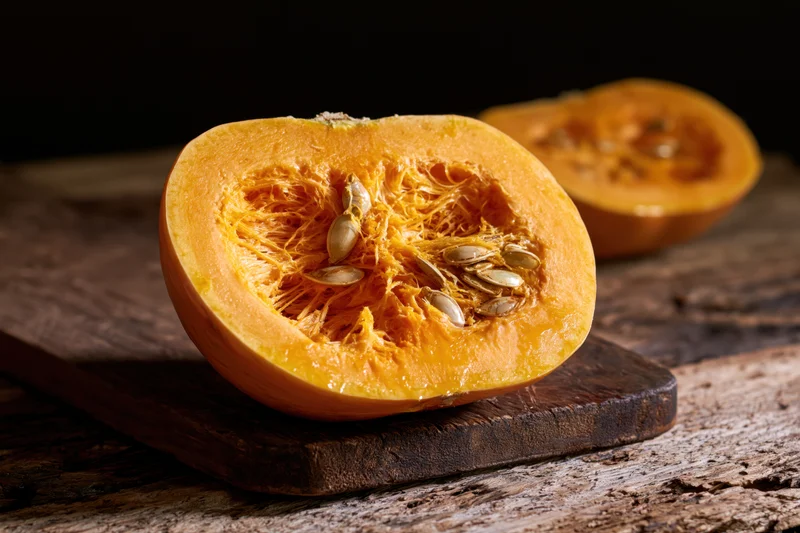 Halved raw pumpkin with fibrous orange flesh and seeds on a wooden cutting board