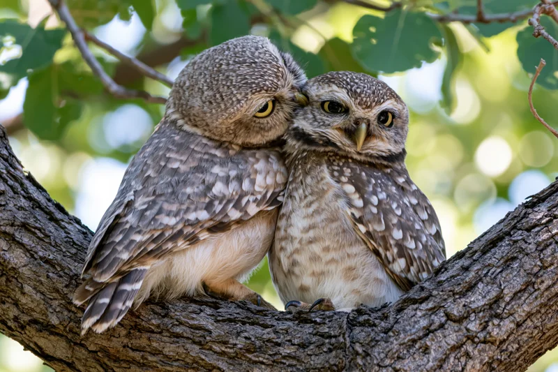 Two spotted owlets perched side by side on a tree branch in a sunlit forest