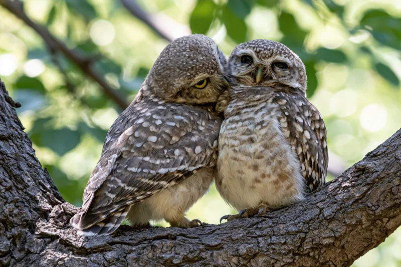 Two spotted owlets perched side by side on a tree branch