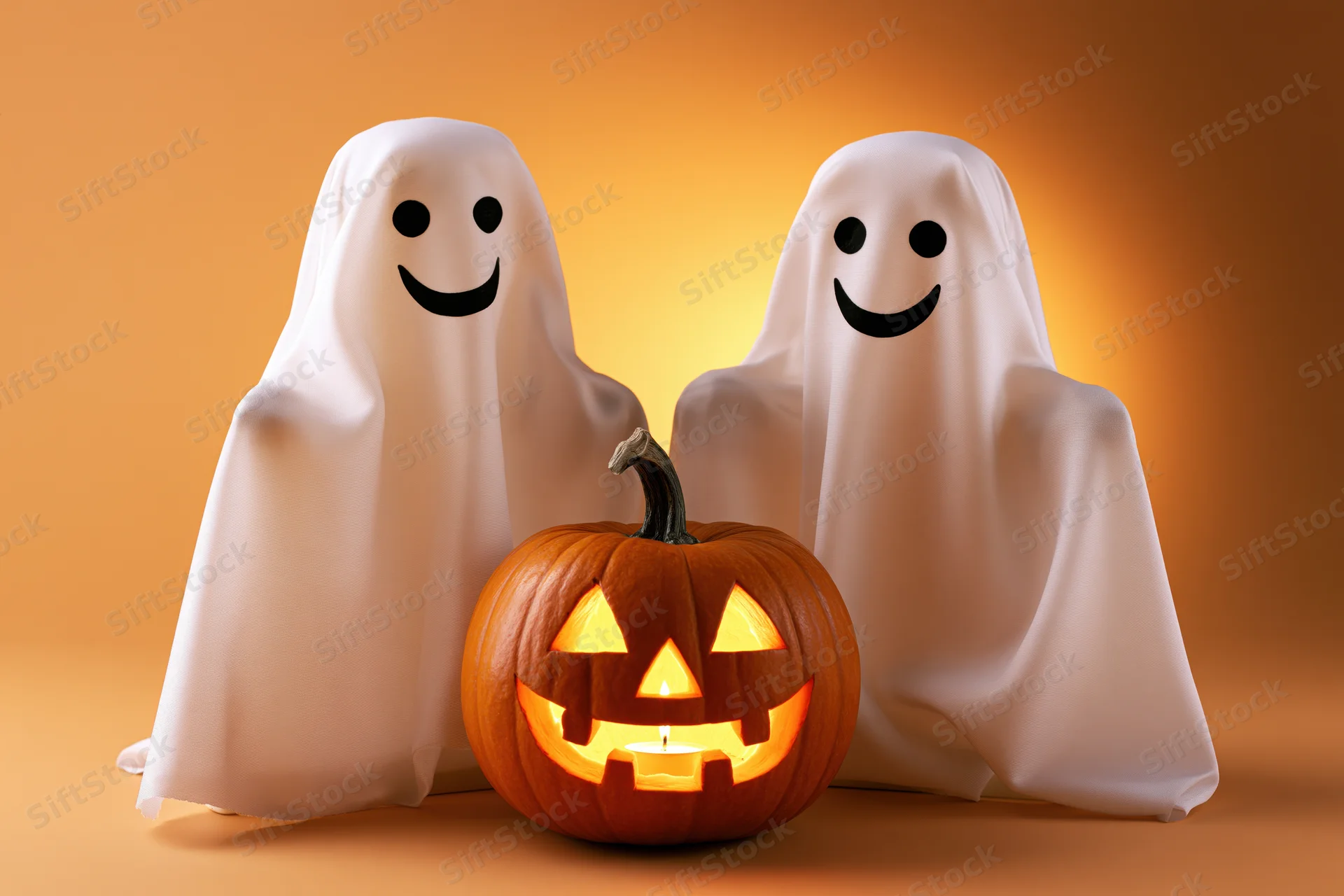 Two smiling ghost decorations flanking a lit jack-o'-lantern on an orange background