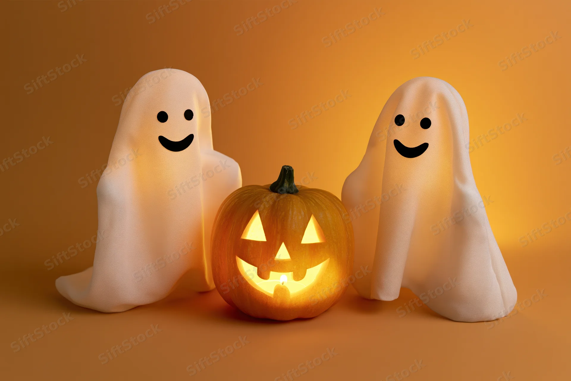 Two smiling ghost decorations flanking a glowing jack-o'-lantern on an orange background