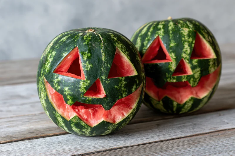 Two carved watermelons with jack-o-lantern faces on a wooden table